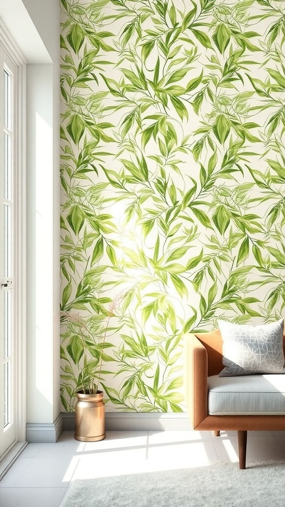 Lemongrass aesthetic wallpaper with intricate green patterns in a stylish interior.